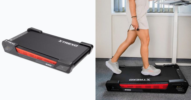 Człowiek maszerujący na bieżni do chodzenia XTREXO Walking Pad W200 podczas pracy przy biurku