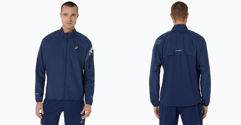 Mężczyzna w wiatrowce do biegania ASICS Icon