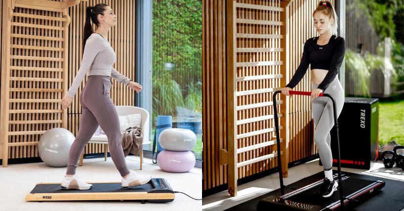 Kobiety w strojach sportowych ćwiczą na domowych bieżniach do chodzenia XTREXO