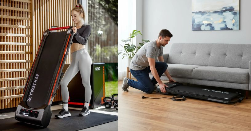 Kobieta i mężczyzna chowają bieżnie domowe po treningu