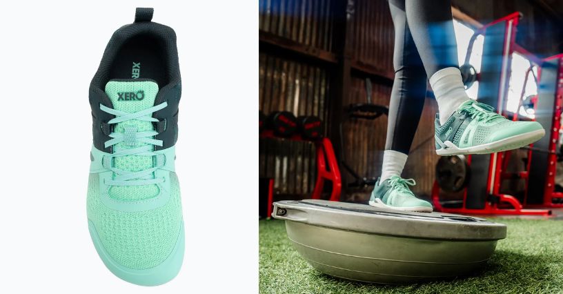 Buty barefoot na siłownię Xero Shoes Prio Neo i kobieta ćwicząca w nich na bosu na siłowni