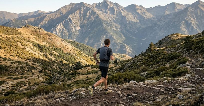 Mężczyzna z plecakiem biegowym biegnie górską ścieżką w butach minimalistycznych