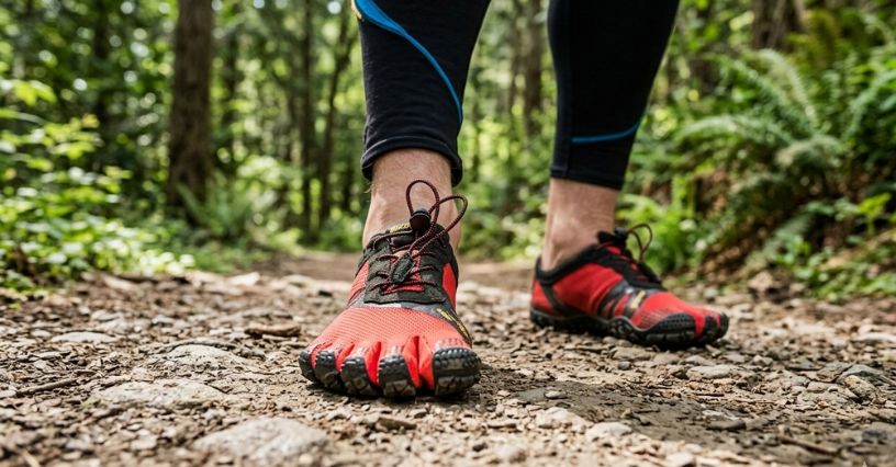 Mężczyzna w butach barefoot podczas wędrówki po lesie