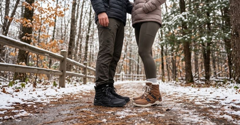 Para w zimowych butach barefoot podczas spaceru po lesie zimą