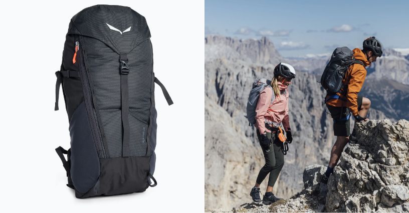 Kobieta i mężczyzna w kaskach i z plecakami trekkingowymi Salewa Alp Mate 26 l podczas via ferraty