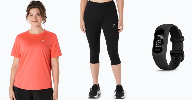 Kobieta w koszulce do biegania z krótkim rękawem, legginsy 3/4 do biegania oraz smartband Garmin