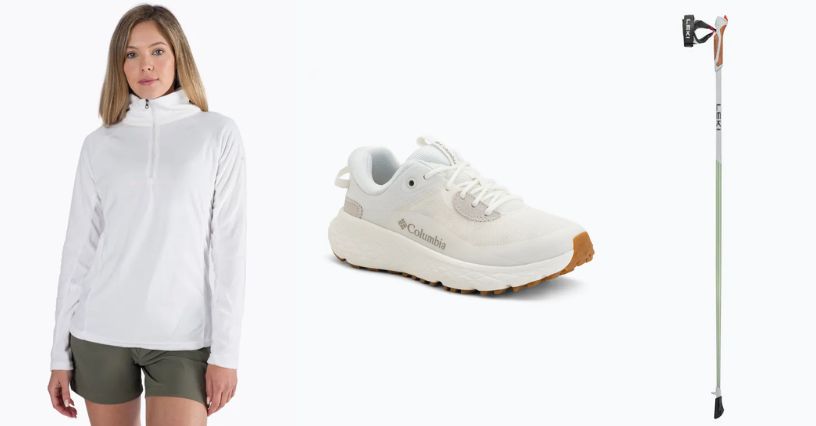 Kobieta w bluzie polarowej Columbia, buty turystyczne Columbia i kije trekkingowe LEKI