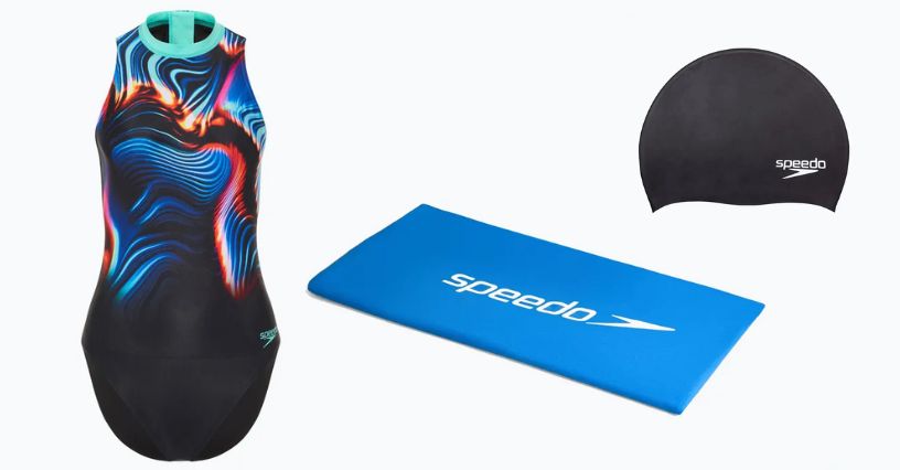 Jednoczęściowy strój damski do pływania, ręcznik szybkoschnący i czepek pływacki - zestaw do pływania od marki Speedo