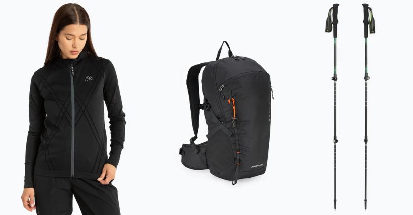 Kobieta w bluzie bezszwowej KADVA, plecak turystyczny i kije trekkingowe marki KADVA