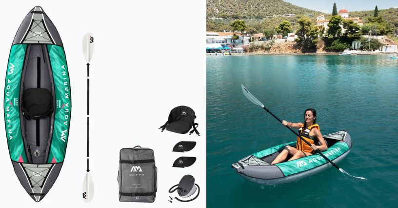 Kajak pompowany 1-osobowy Aqua Marina Laxo Recreational Kayak 9'4" i kobieta pływająca w nim po jeziorze