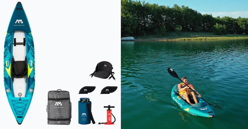 Jednoosobowy kajak pompowany Aqua Marina Steam Versatile/Whitewater 10'3" i mężczyzna pływający w nim na jeziorze