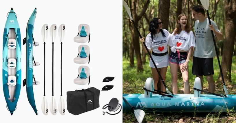 Trzyosobowy pompowany kajak Aqua Marina Betta 475 cm i rodzie z córką stojący przy niej w cieniu drzew
