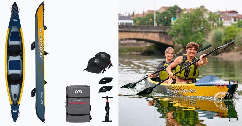 Kajak pneumatyczny 2-osobowy Aqua Marina Tomahawk AIR-K 440 i para płynąca w nim po rzece