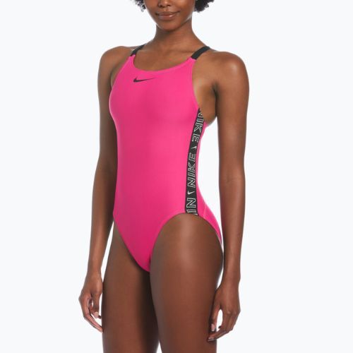 Strój pływacki jednoczęściowy damski Nike Logo Tape Fastback pink prime