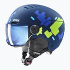 Kask narciarski dziecięcy UVEX Rocket Visor Jr blue puzzle matt/mirror blue/smoke