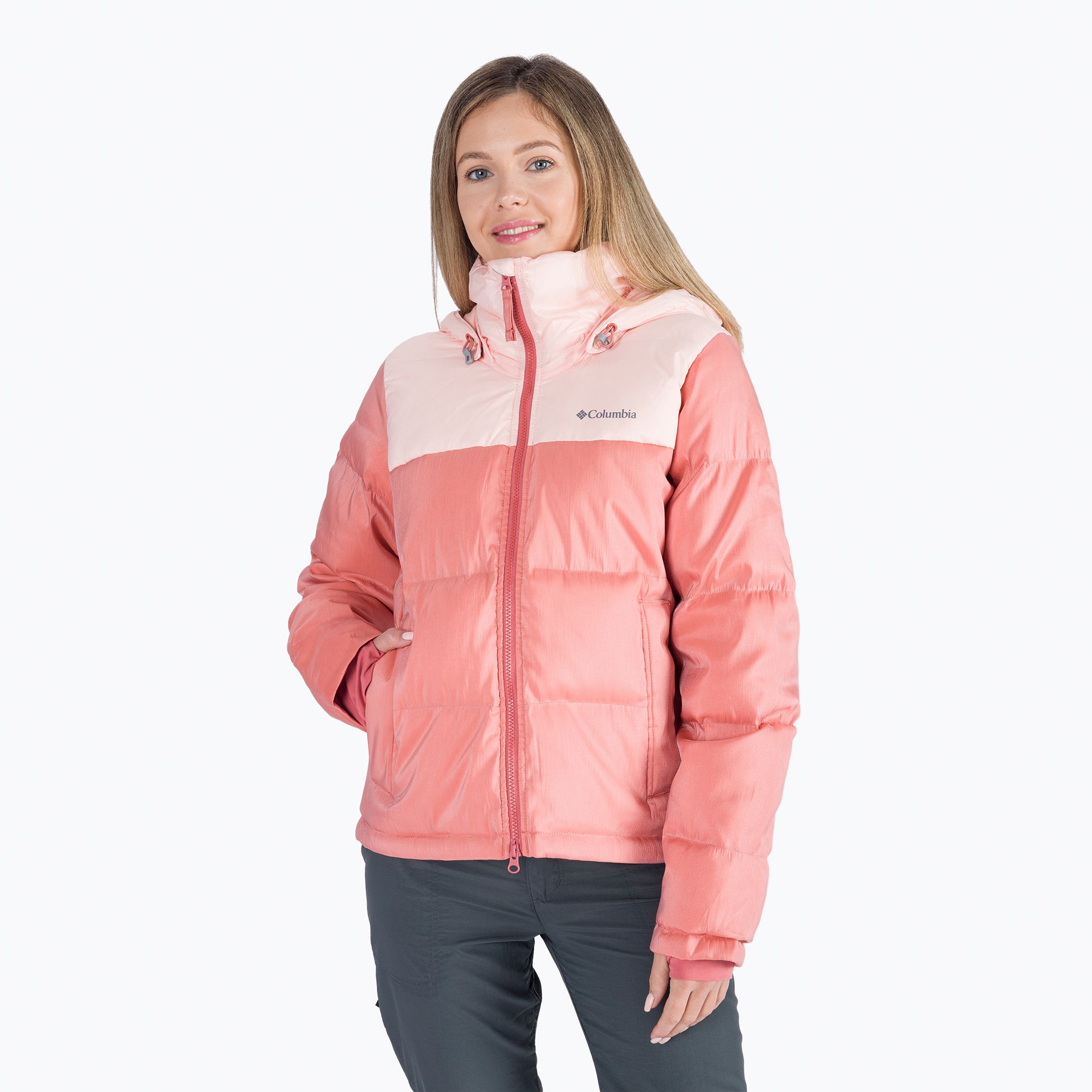 Kurtka puchowa damska Columbia Bulo Point Down peach blossom/dark coral sheen 