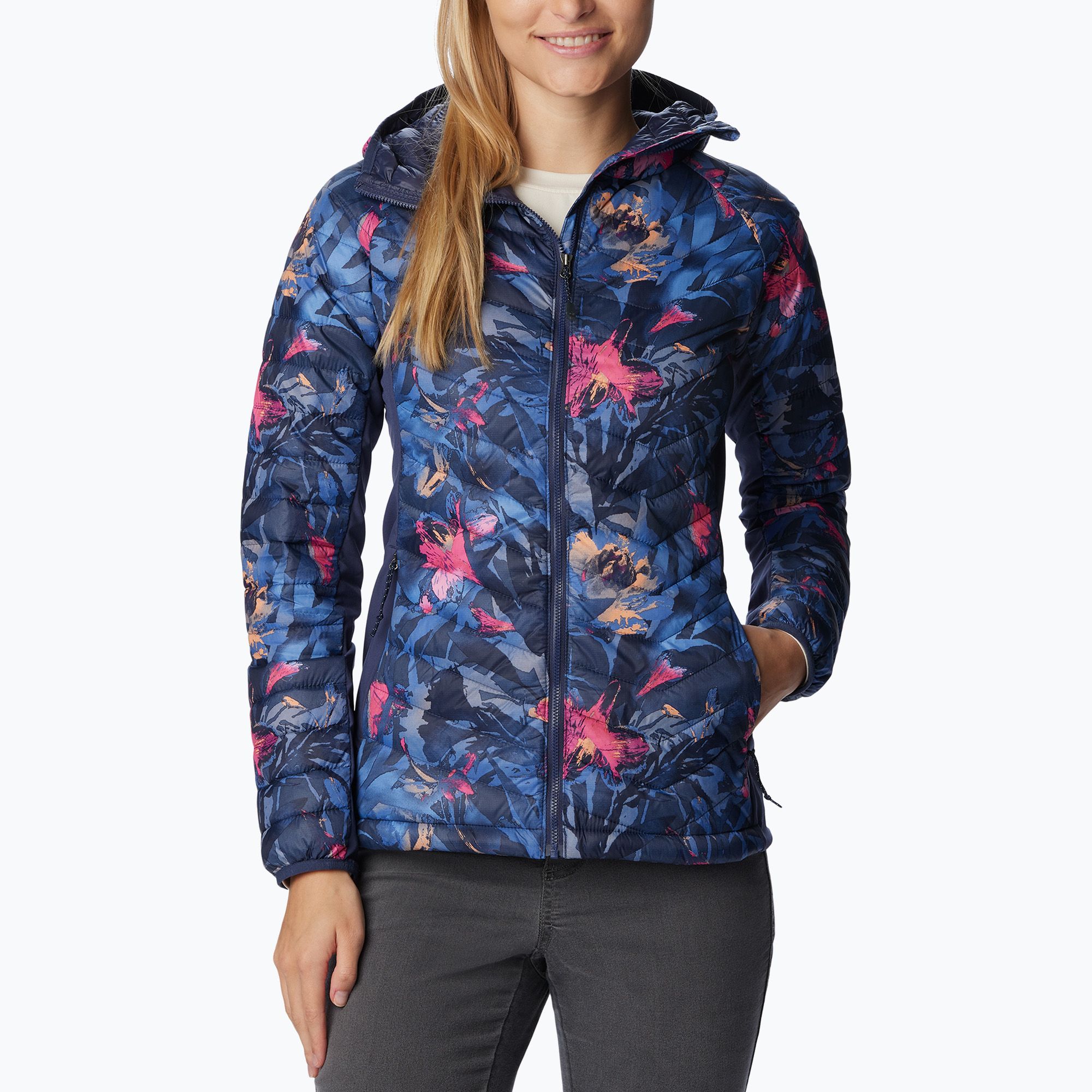 Kurtka hybrydowa damska Columbia Powder Pass Hooded nocturnal floriculture print 