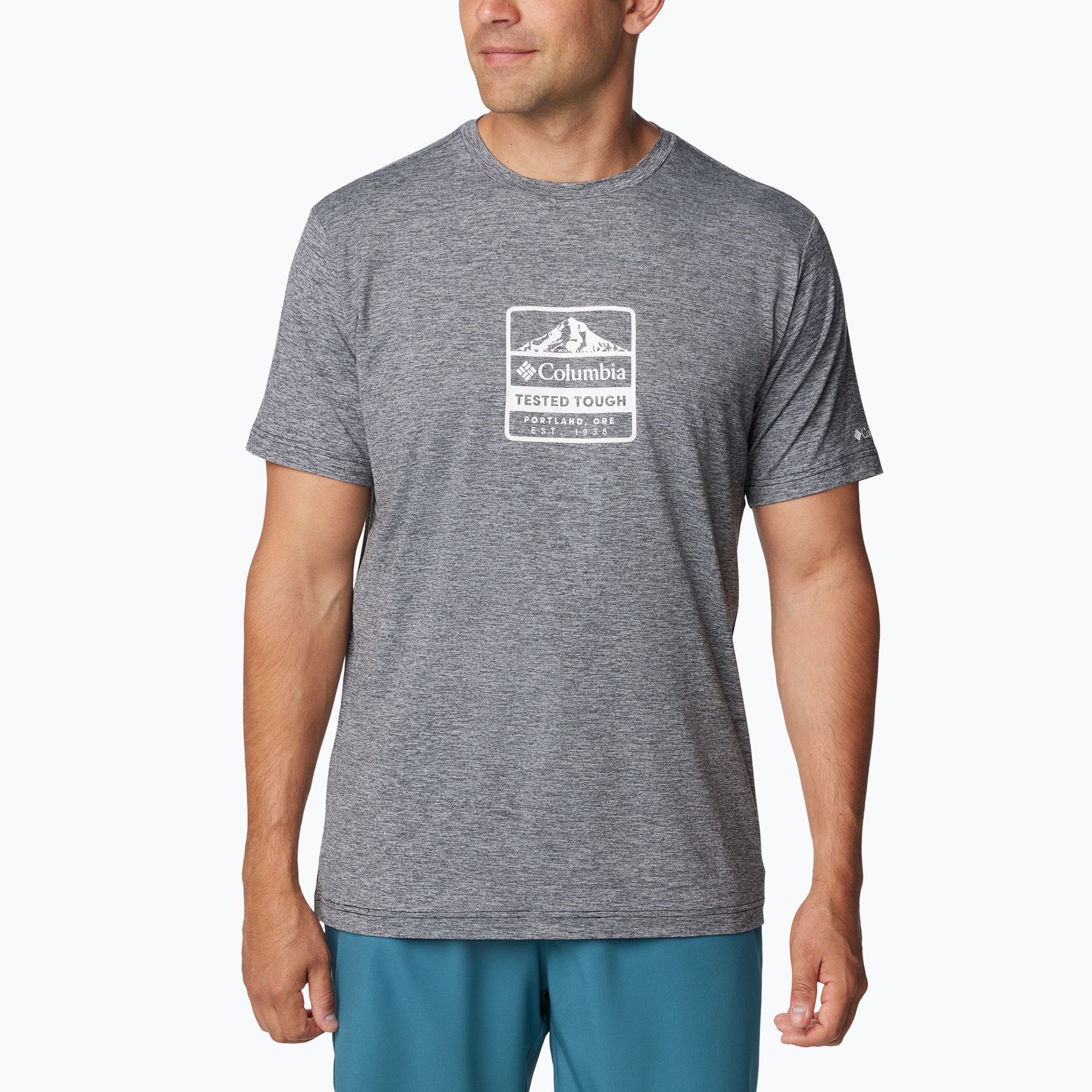 Koszulka trekkingowa męska Columbia Kwick Hike Graphic SS black heather/tested tough pdx 