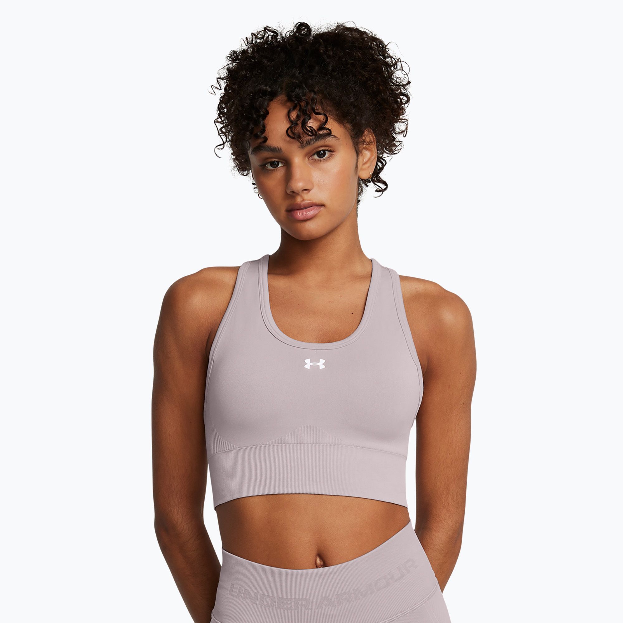 Biustonosz treningowy Under Armour Vanish Seamless Mid Branded tetra gray/white 