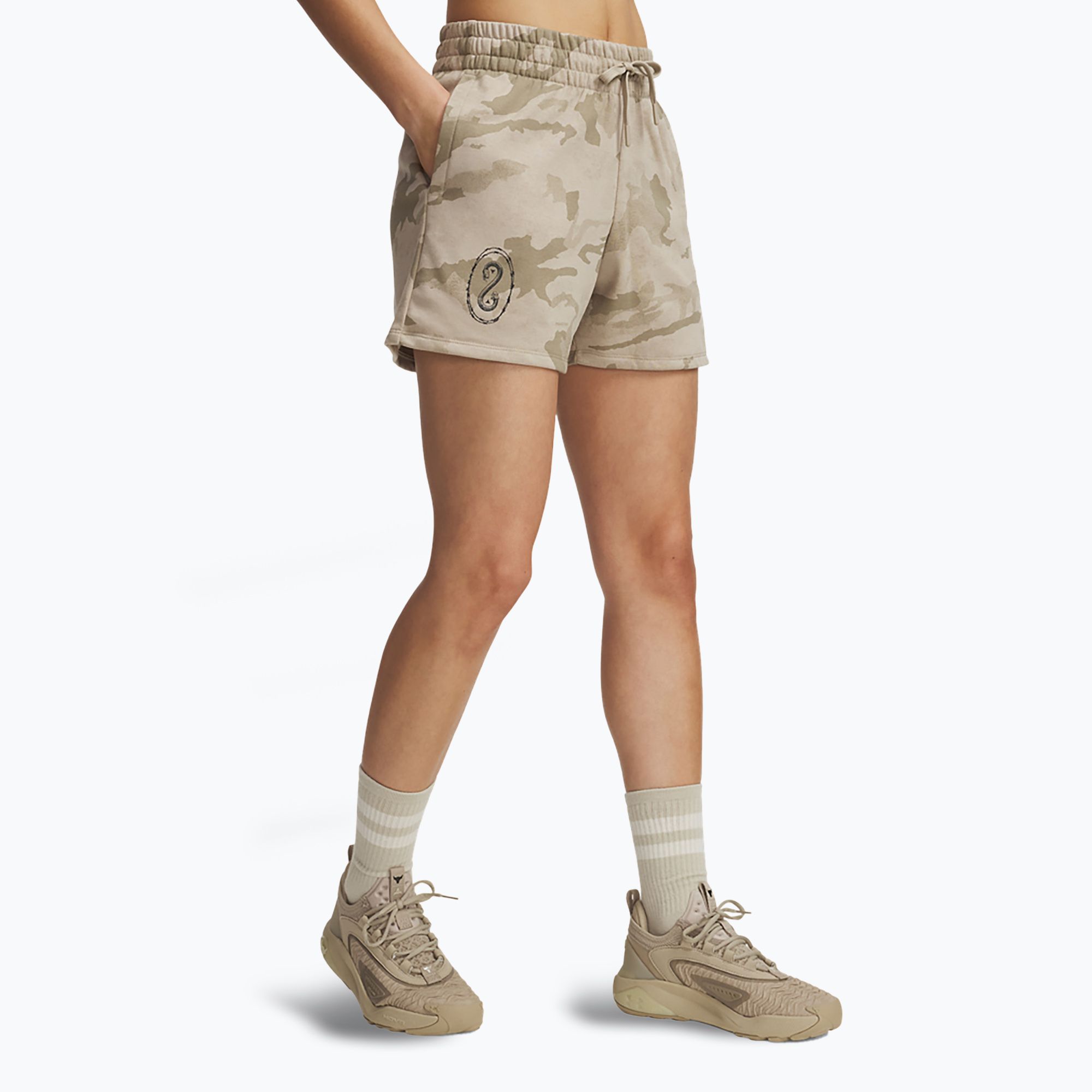 Spodenki damskie Under Armour Project Rock Terry city khaki/hyper green 