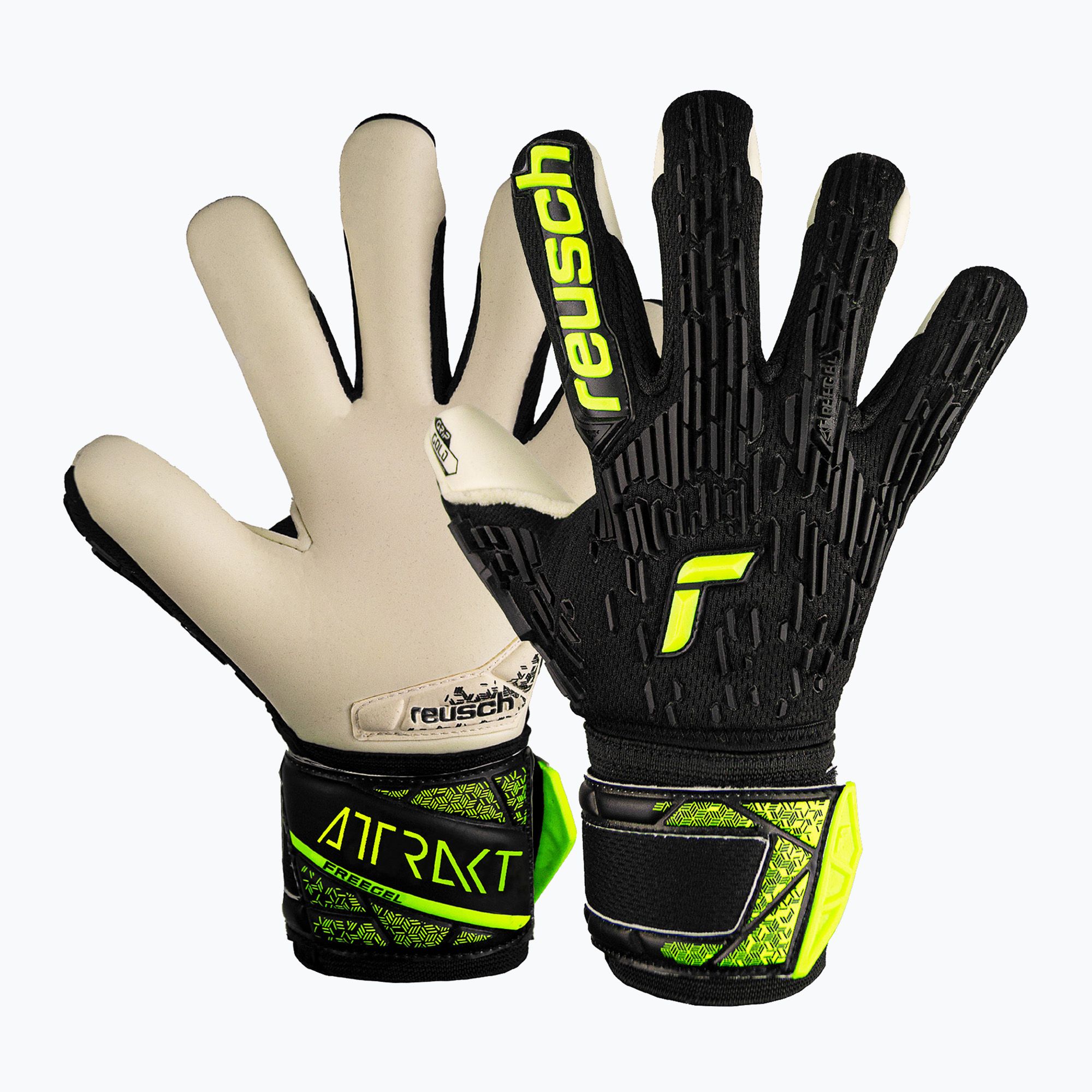 Rękawice bramkarskie dziecięce Reusch Attrakt Freegel Gold Finger Support Junior black/safety yellow 