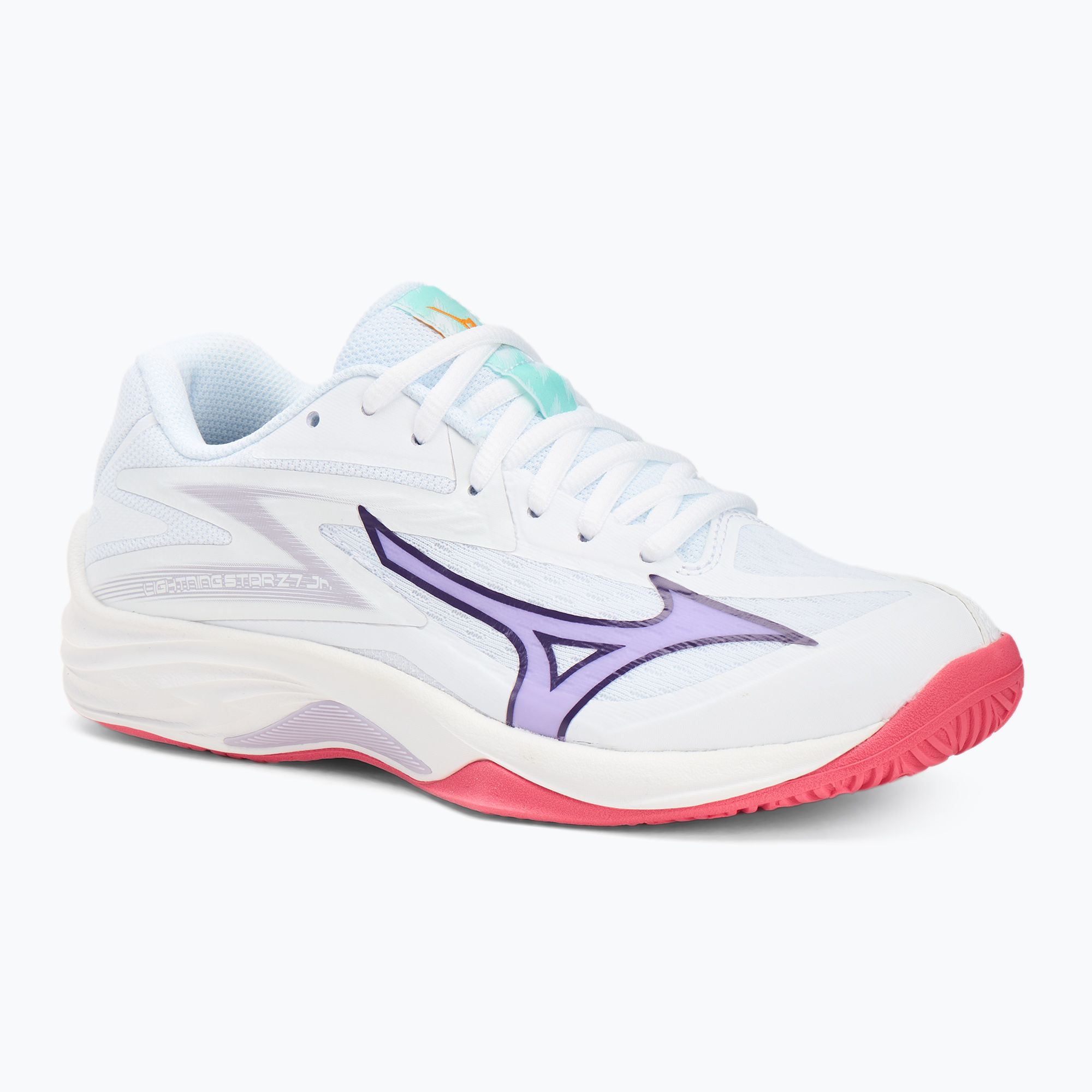 Buty do siatkówki dziecięce Mizuno Lightning Star Z7 white/violet indigo/camellia rose 