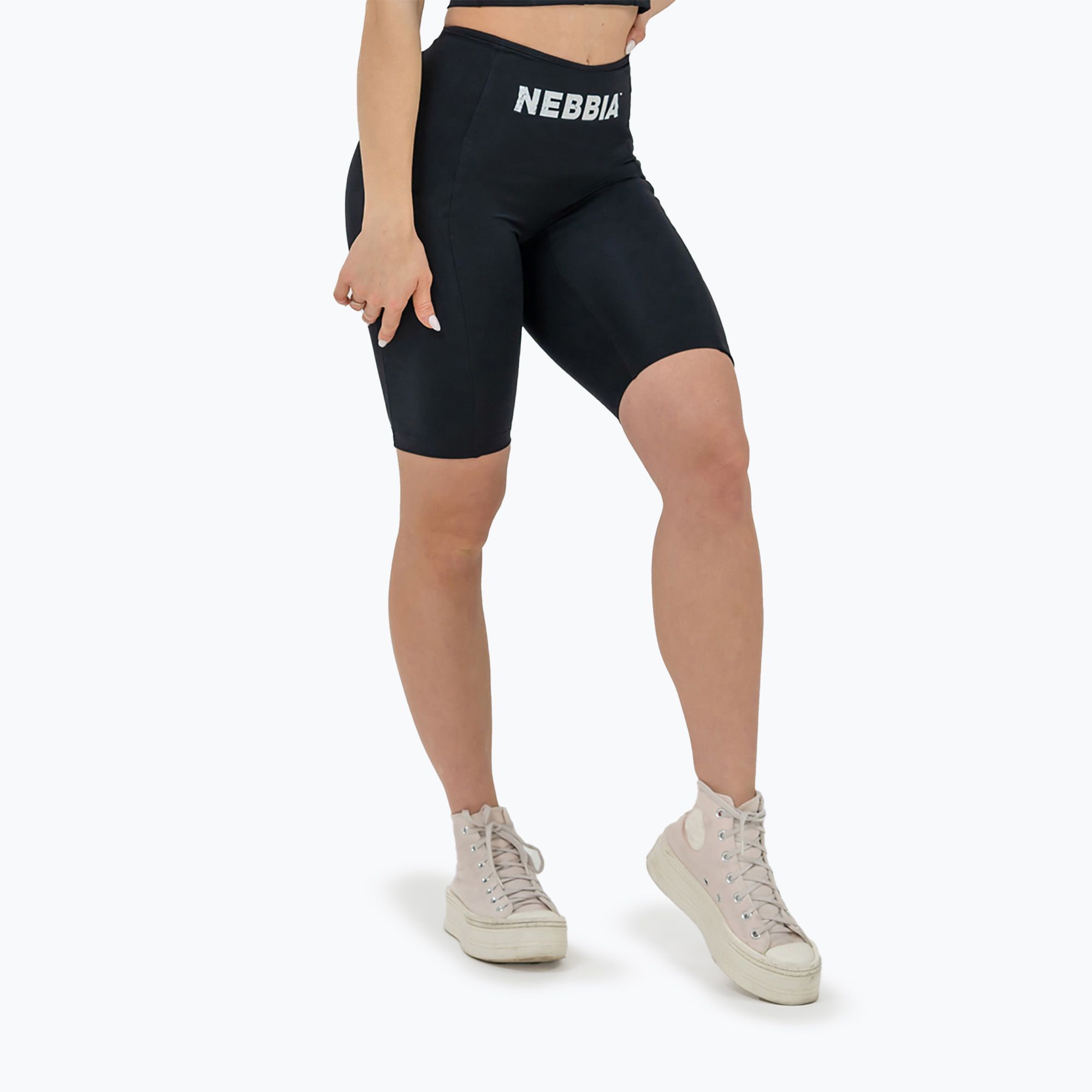 Spodenki treningowe damskie NEBBIA High Waisted Biker 10″ Gym Therapy black 