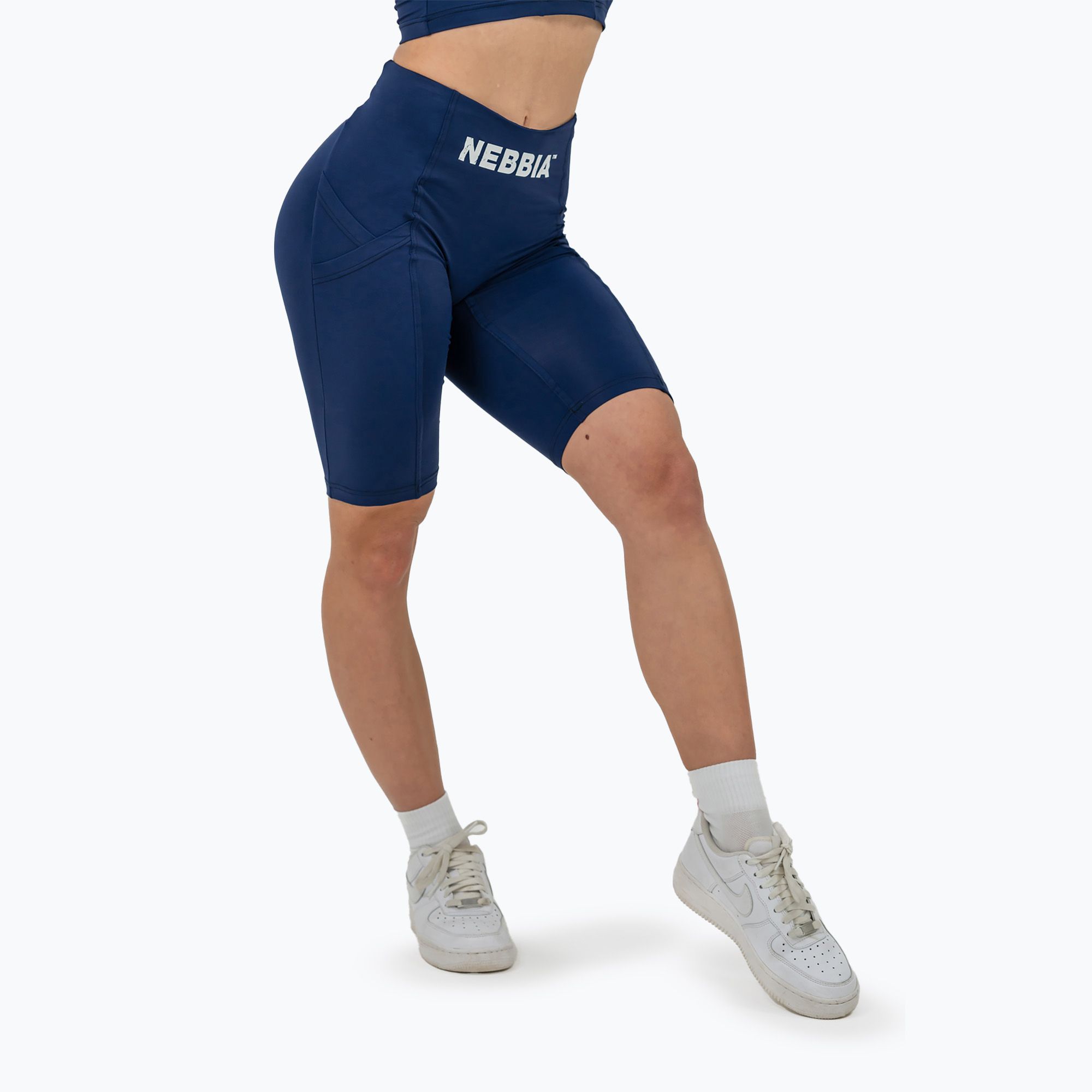Spodenki treningowe damskie NEBBIA High Waisted Biker 10″ Gym Therapy dark blue 