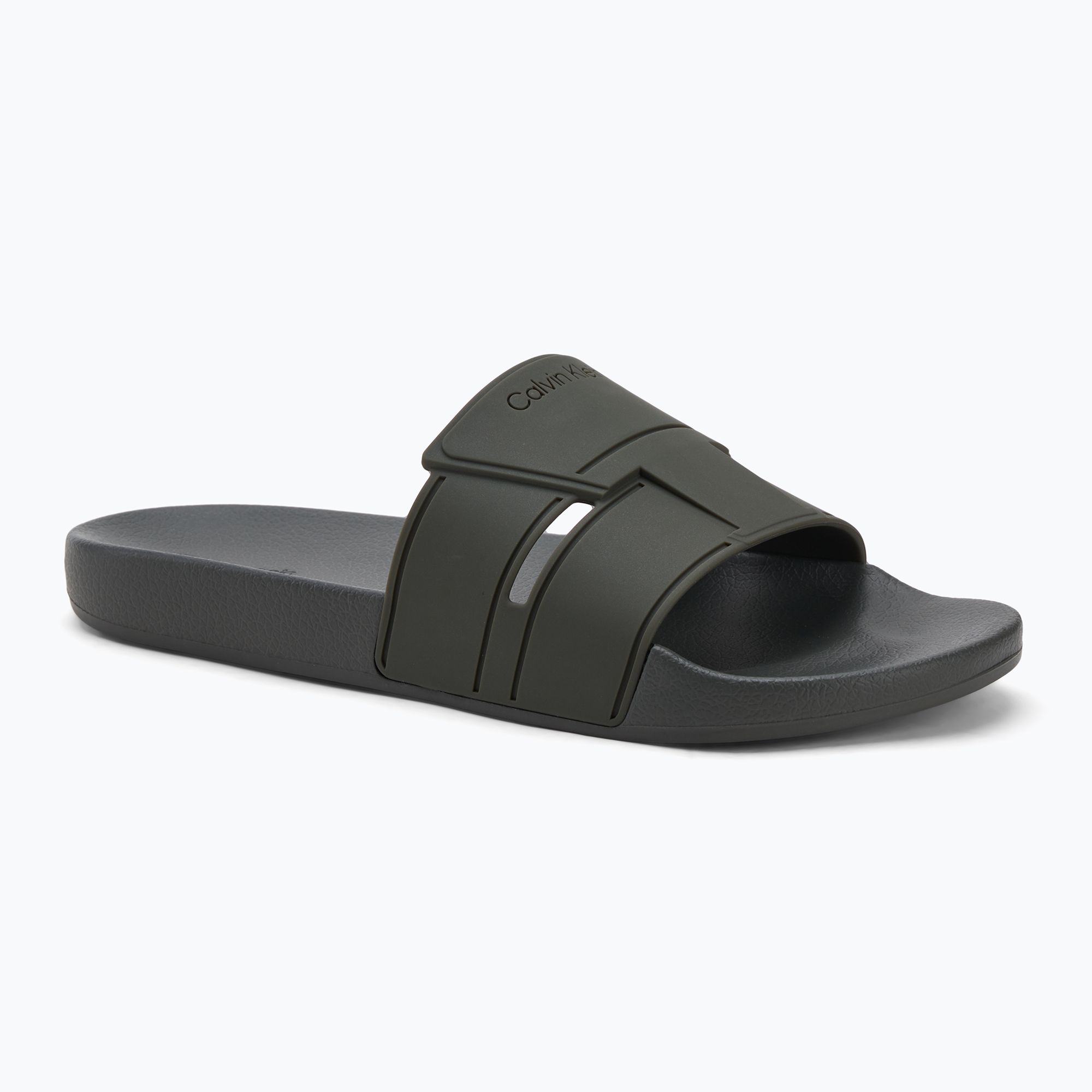 Klapki męskie Calvin Klein HM0HM01752 Pool Slide Double T dark olive 