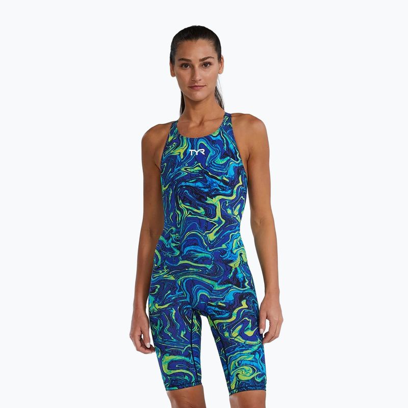 Strój pływacki jednoczęściowy damski TYR Thresher Open Back Hyperblitz blue/green