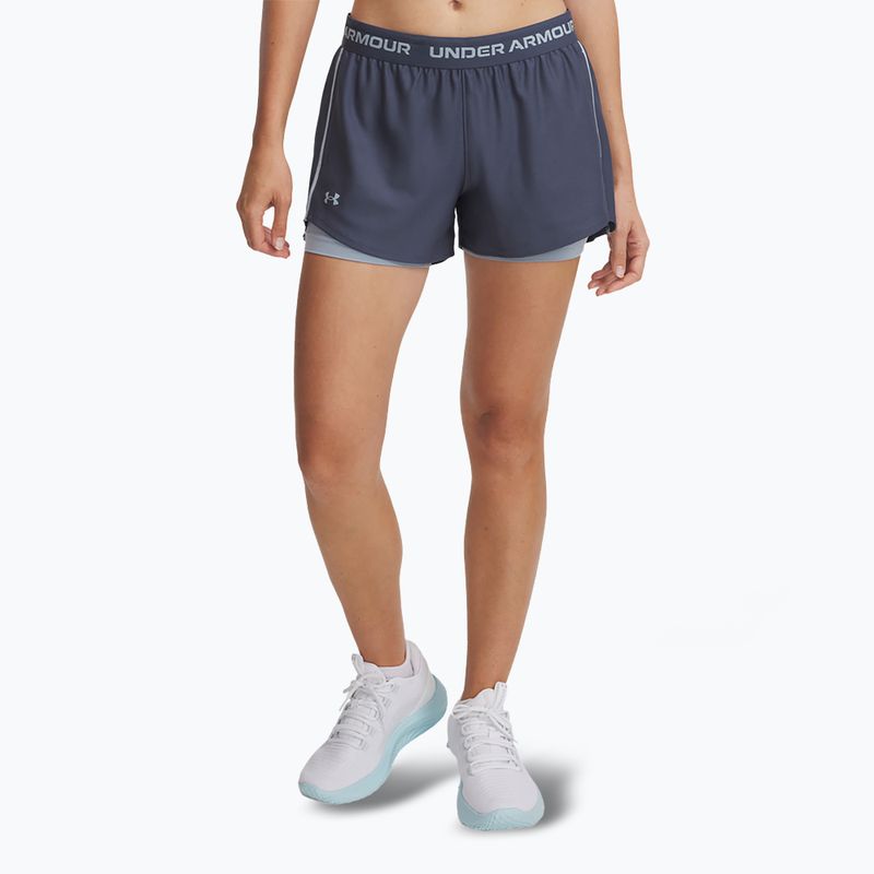 Spodenki treningowe damskie Under Armour Tech Play Up 2in1 downpour gray/harbor blue