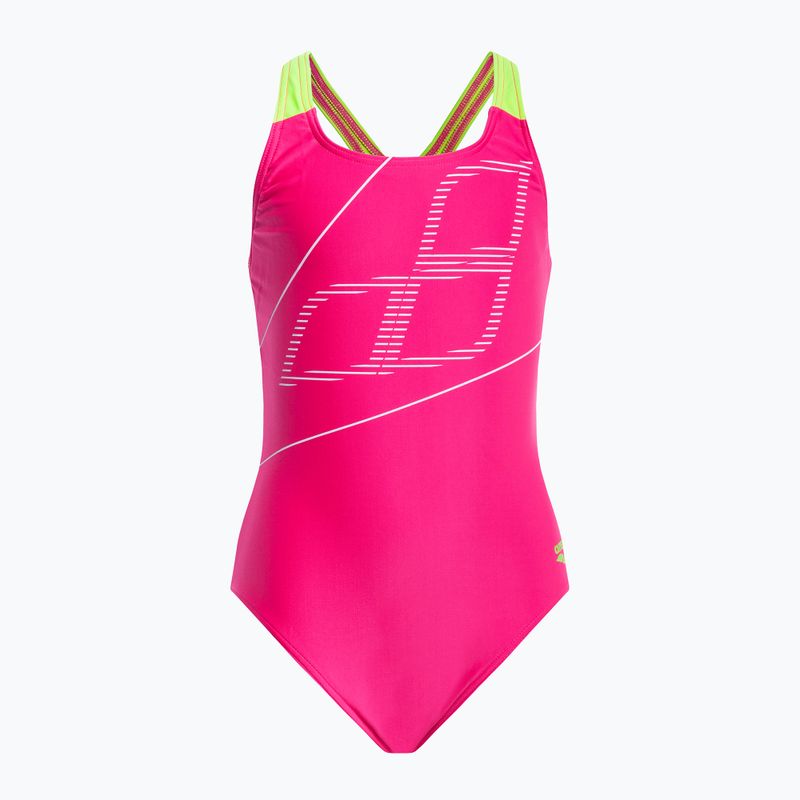 Strój pływacki jednoczęściowy dziecięcy arena Swim Pro Back Logo freak rose/soft green