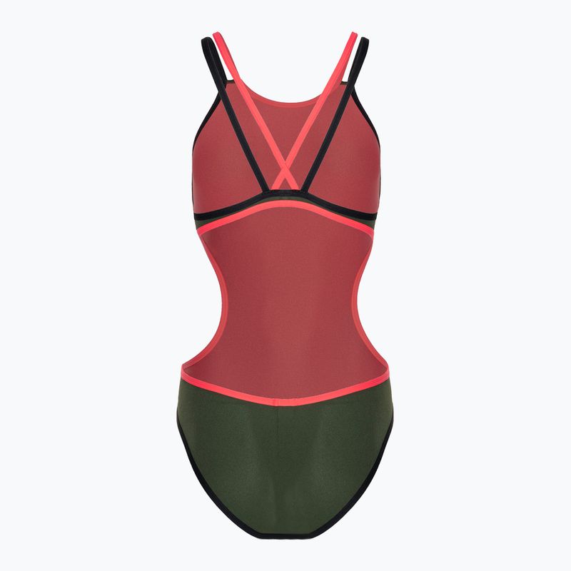 Strój pływacki jednoczęściowy damski arena One Double Cross Back One Piece dark sage/black/fluo red 2