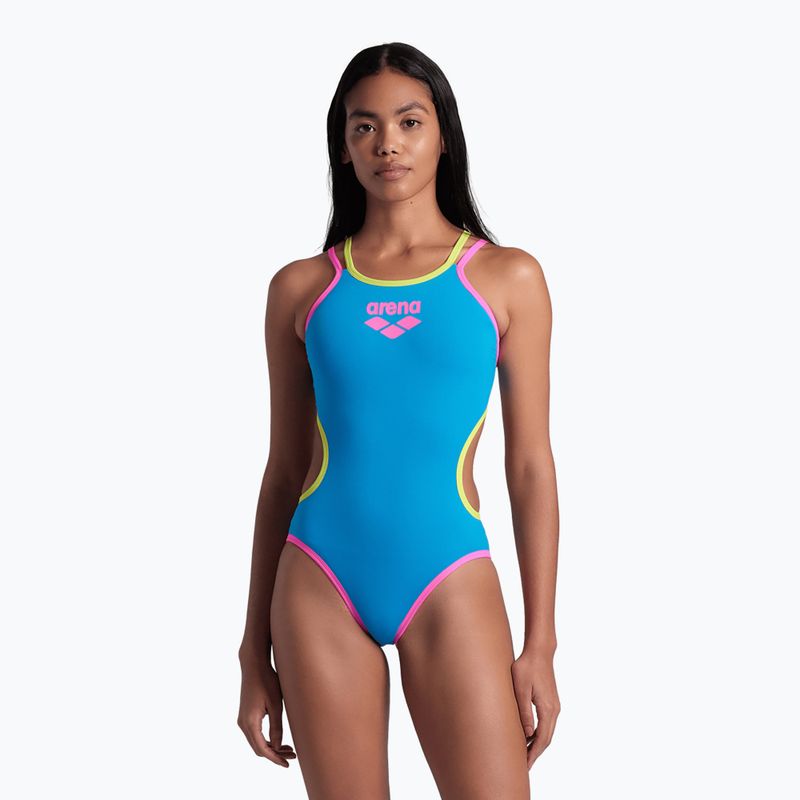 Strój pływacki jednoczęściowy damski arena One Double Cross Back One Piece turquoise/fluo pink/soft green 6