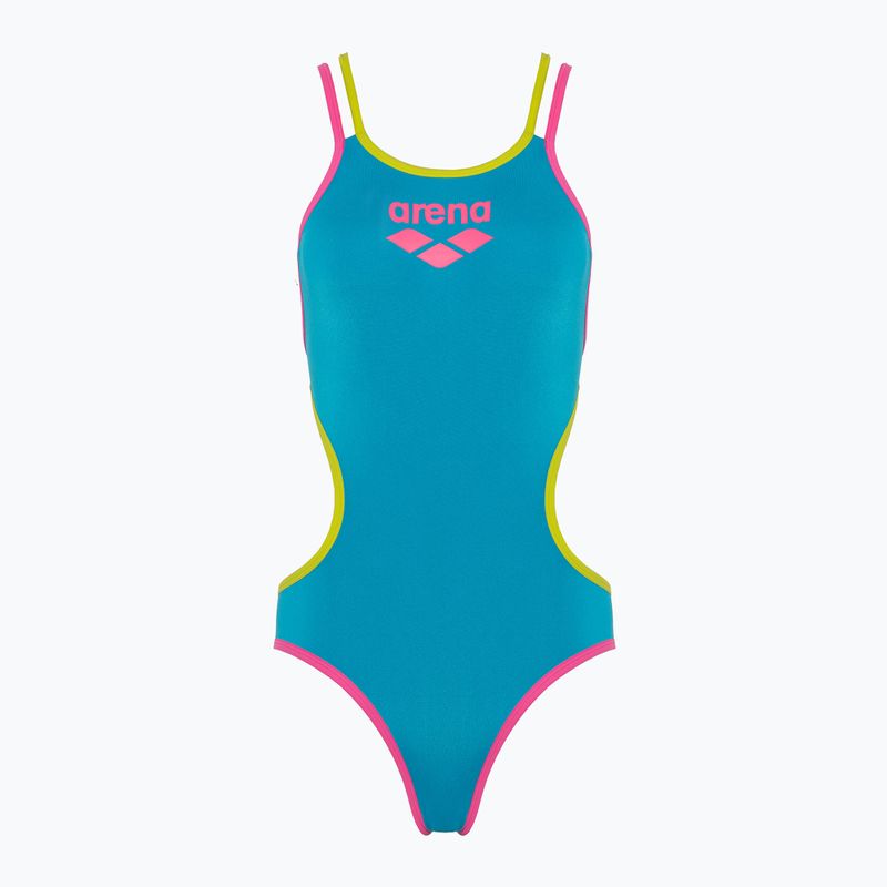 Strój pływacki jednoczęściowy damski arena One Double Cross Back One Piece turquoise/fluo pink/soft green