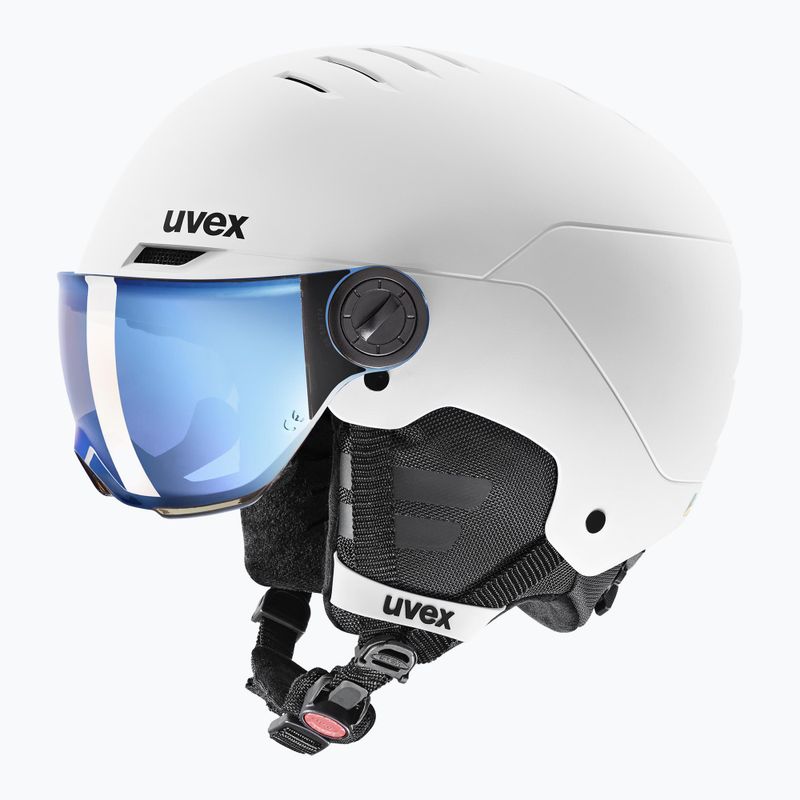 Kask narciarski dziecięcy UVEX Rocket Visor Jr white/black matt/mirror blue/smoke