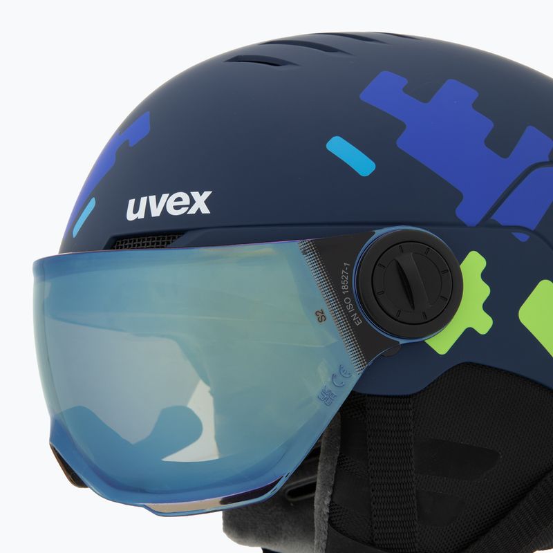 Kask narciarski dziecięcy UVEX Rocket Visor Jr blue puzzle matt/mirror blue/smoke 8
