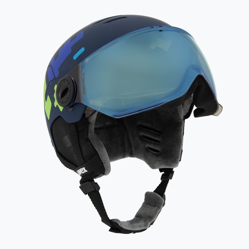 Kask narciarski dziecięcy UVEX Rocket Visor Jr blue puzzle matt/mirror blue/smoke 9