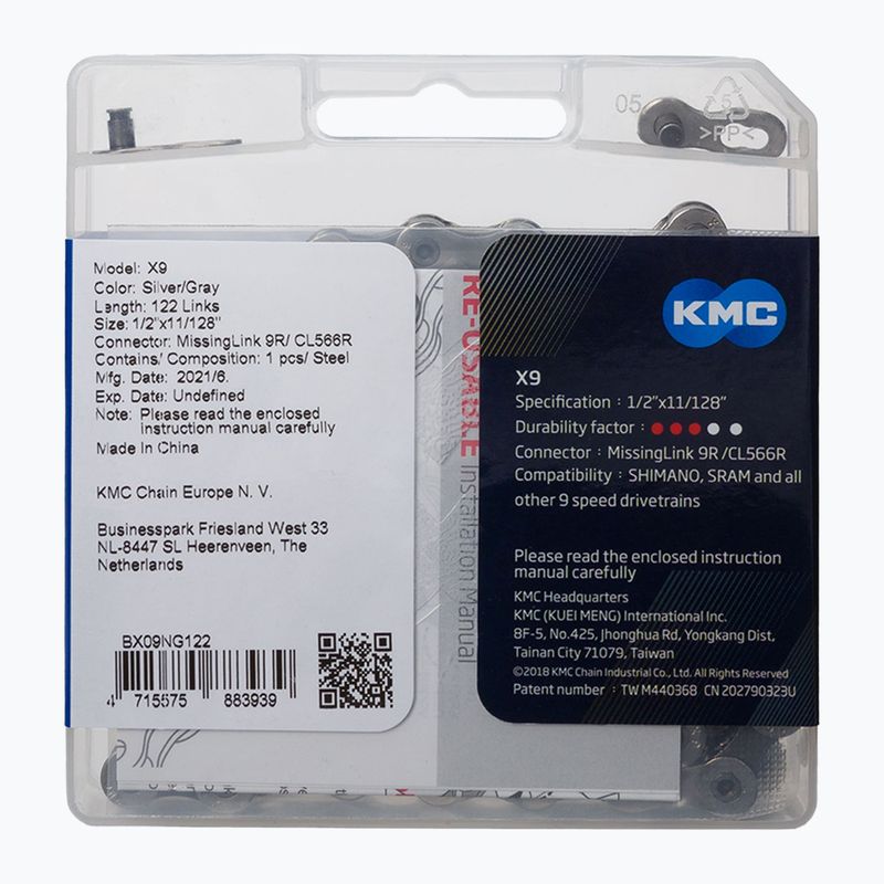 Łańcuch rowerowy KMC X9 x122 silver/grey 2