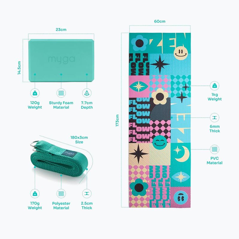 Zestaw do jogi Myga Spirit Yoga Set mata + klocek + pasek turkusowy 13