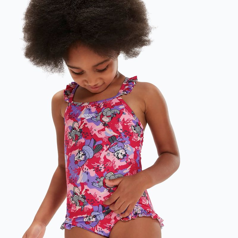 Strój pływacki jednoczęściowy dziecięcy Speedo Learn To Swim Printed Frill Thinstrap cherry pink/sweet taro/hellium 5