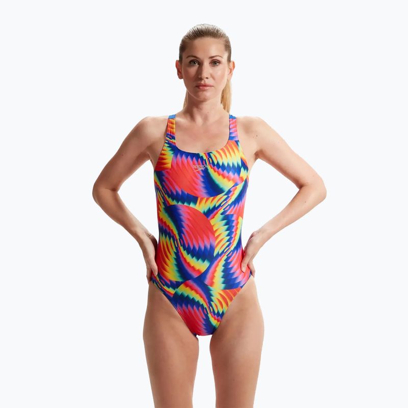 Strój pływacki jednoczęściowy damski Speedo Allover Digital Leaderback watermelon/flare pink/man peel/lemon drizzle 6