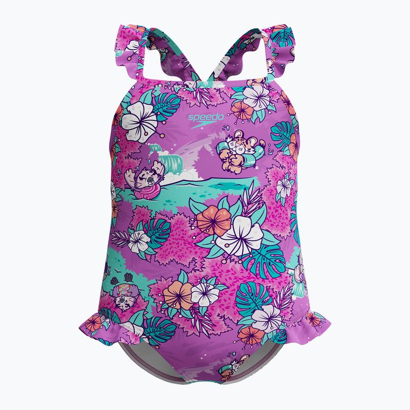 Strój pływacki jednoczęściowy dziecięcy Speedo Learn To Swim Printed Frill Thinstrap neon violet