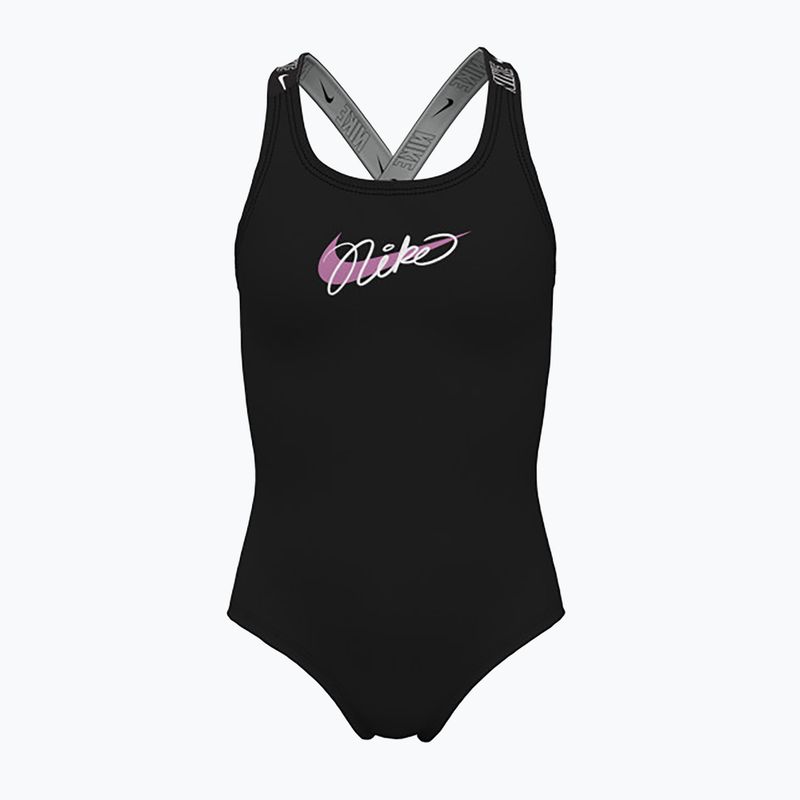 Strój pływacki jednoczęściowy dziecięcy Nike Swim Girls Logo Tape Crossback black/playful pink/white/playful pink