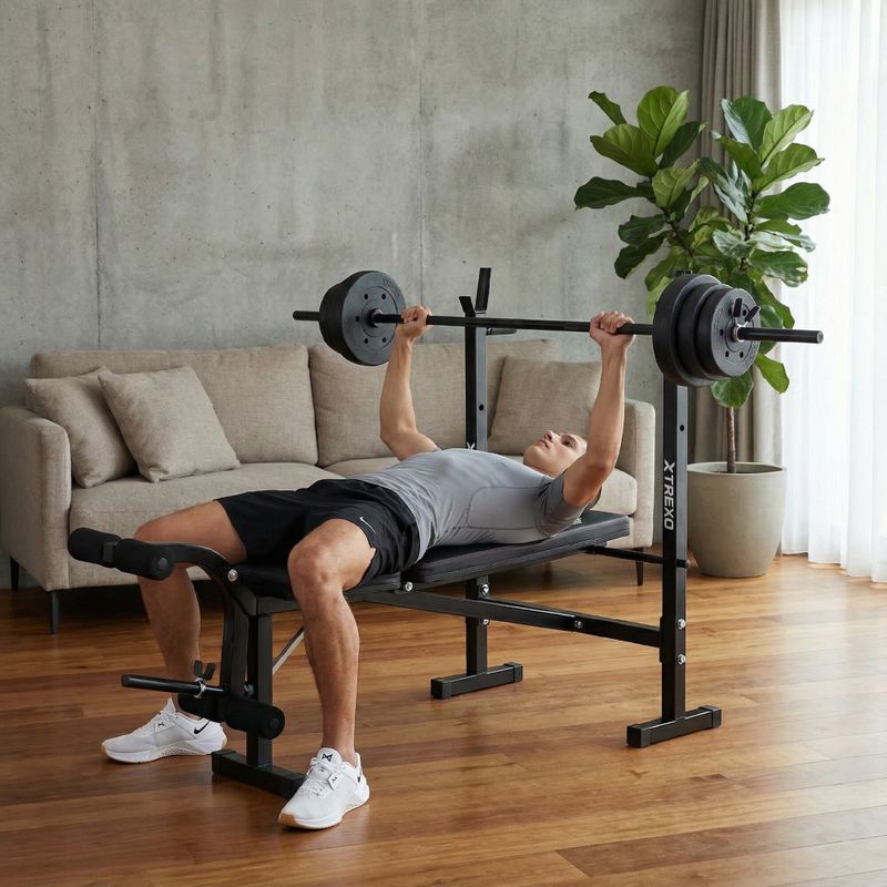 Ławka treningowa XTREXO BenchFit Lite ze stojakiem i sztangą czarny 3