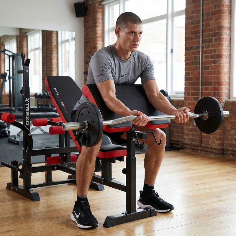 Ławka treningowa XTREXO BenchFit Max ze stojakiem i modlitewnikiem czarny 6