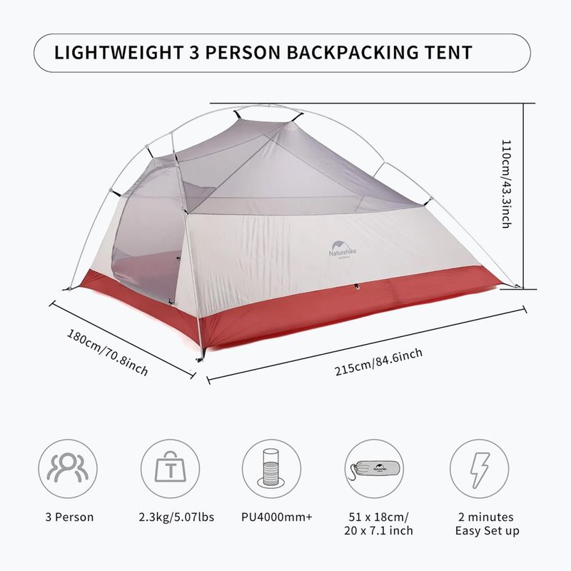 Namiot trekkingowy 3-osobowy Naturehike Updated Cloud Up 3 light grey/red 6