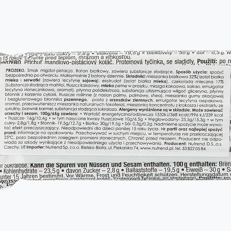 Baton proteinowy Nutrend Prozero Migdał-Pistacja 65 g 2