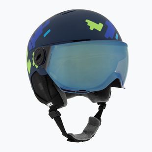 Kask narciarski dziecięcy UVEX Rocket Visor Jr blue puzzle matt/mirror blue/smoke