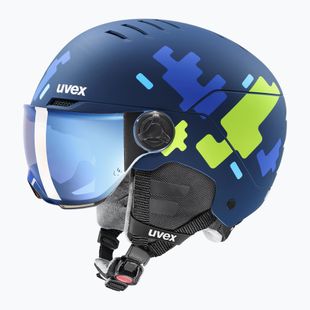 Kask narciarski dziecięcy UVEX Rocket Visor Jr blue puzzle matt/mirror blue/smoke